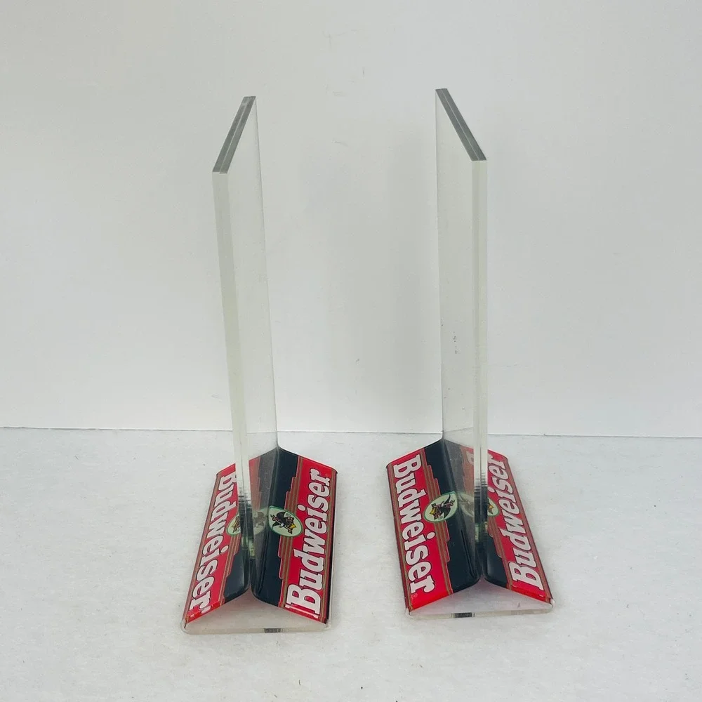 Vintage Budweiser Acrylic Table Tent Sign Holder Pair Clear Bar Menu Display 8in